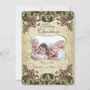 Carte de Noël Vin photo famille et Peacock vert
