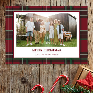 Carte de Noël vintage à carreaux rouges avec photo