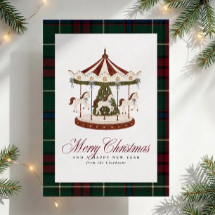 Carte de Noël vintage à motif tartan et carrousel