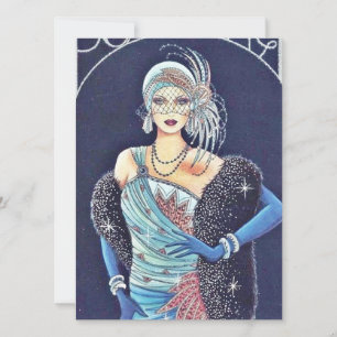 Carte de Noël vintage Art Déco femme bleue