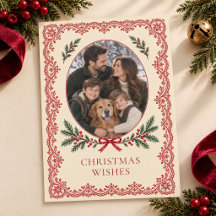 Carte de Noël vintage avec nœud en dentelle rouge 