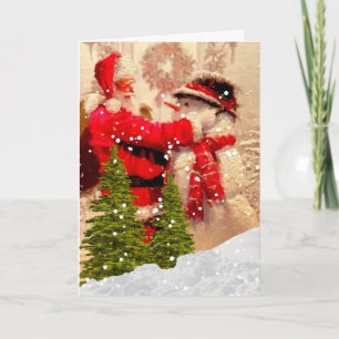 Carte de Noël vintage avec Père Noël et bonhomme d
