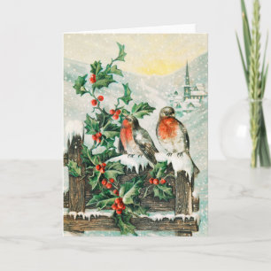 Carte de Noël vintage avec rouges-gorges, houx, ég