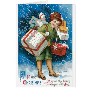 Carte de Noël Vintage Cadeaux Garçon de neige prés