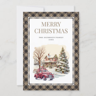 Carte de Noël vintage camionnette rouge plaid de n