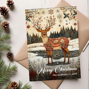 Carte de Noël vintage cerf fête traditionnelle
