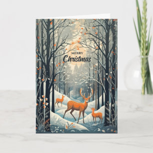 Carte de Noël vintage cerfs d'hiver style Gouache