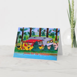 Carte de Noël vintage de caravane au bord du lac