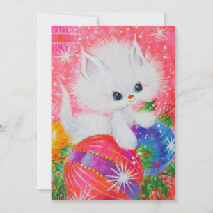 Carte de Noël vintage de chaton blanc de Noël