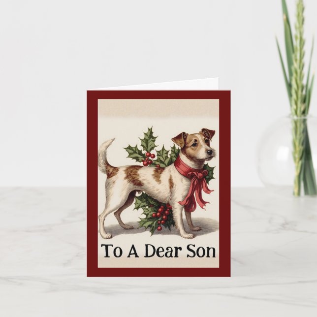 Carte de Noël vintage de chien au houx (Devant)