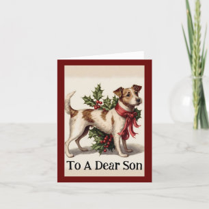 Carte de Noël vintage de chien au houx