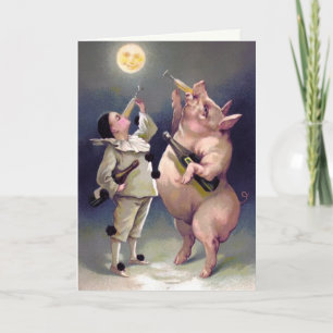 Carte de Noël vintage de cochon buveur