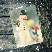 Carte de Noël vintage de lutin et bonhomme de neig