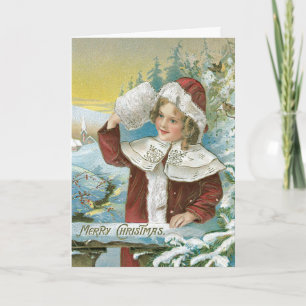 Carte de Noël Vintage enfant en neige