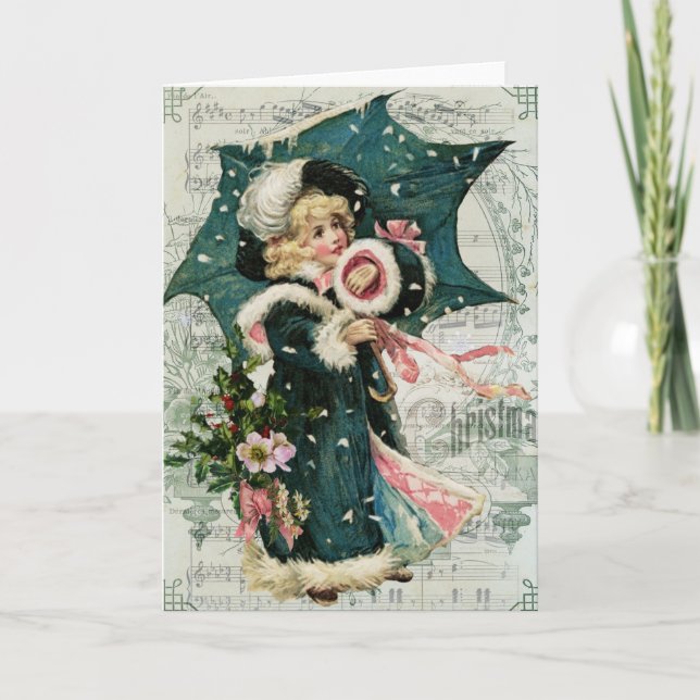 Carte de Noël Vintage fille avec parapluie (Devant)