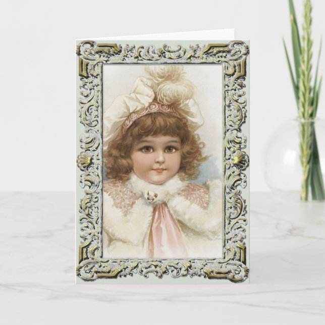 Carte de Noël vintage fille en manteau d'hiver (Devant)