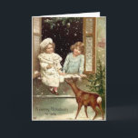 Carte de Noël Vintage Filles et Cerfs<br><div class="desc">Cette carte de vacances présente une belle image vintage de deux petites filles qui nourrissent un cerf par la fenêtre alors que la neige tombe doucement sur le devant. Le texte intérieur est entièrement personnalisable, vous pouvez donc le faire dire ce que vous voulez. Célébrez Noël de la manière démodée...</div>