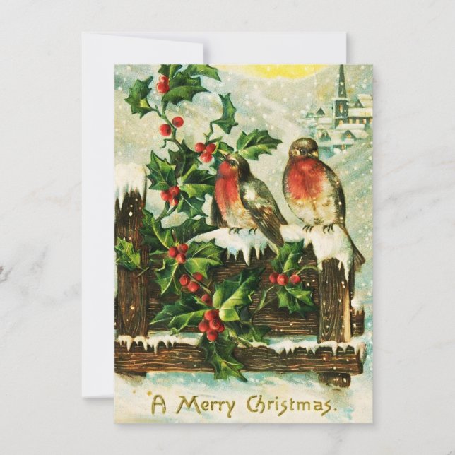 Carte de Noël vintage Holly et oiseaux (Devant)