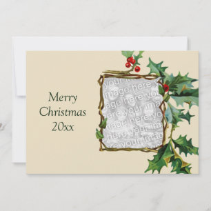 Carte de Noël vintage, houx et baies rouges