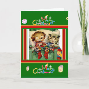 Carte de Noël vintage Joyeux Noël Chatons Chien