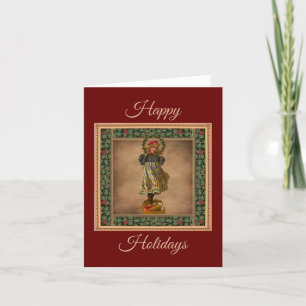 Carte de Noël vintage Little Girl & Holly Wreath