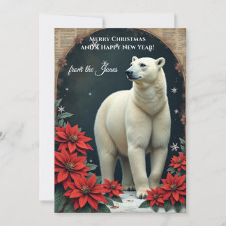 Carte de Noël vintage ours polaire & poinsettias
