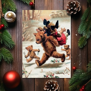 Carte de Noël vintage ours volant un enfant
