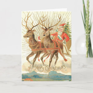 Carte de Noël vintage, Père Noël avec rennes