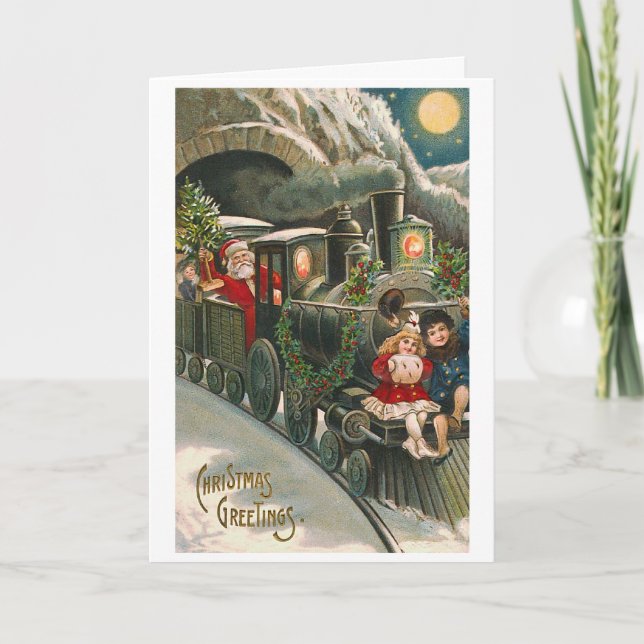 Carte de Noël Vintage "Père Noël en train" (Devant)