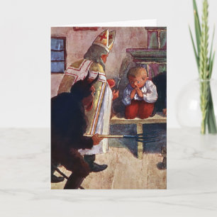 Carte de Noël vintage Père Noël, Krampus et Enfant