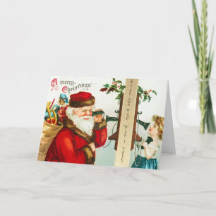 Carte de Noël vintage Père Noël Phone Little Girl