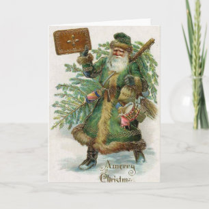 Carte de Noël Vintage   Père Noël verte