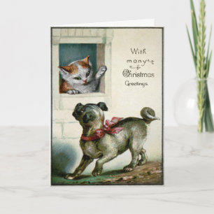 Carte de Noël vintage pour chat et chien victorien