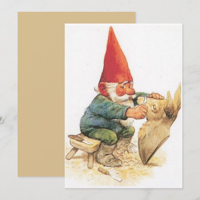 Carte de Noël vintage représentant un gnome sculpt (Devant / Derrière)