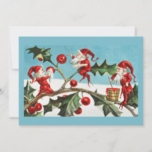 Carte de Noël vintage rétro au houx et aux lutins