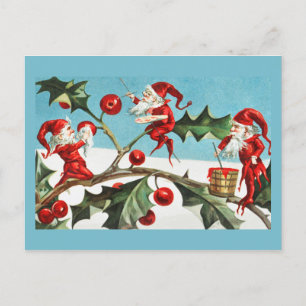 Carte de Noël vintage rétro au houx et aux lutins