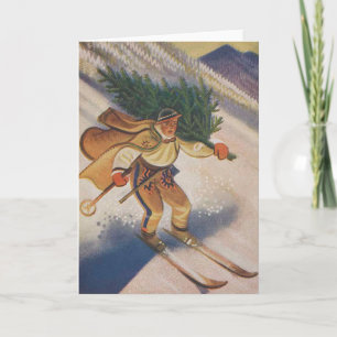 Carte de Noël Vintage   Ski arbre de Noël
