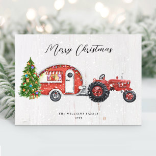 Carte de Noël vintage tracteur rouge camping-car n