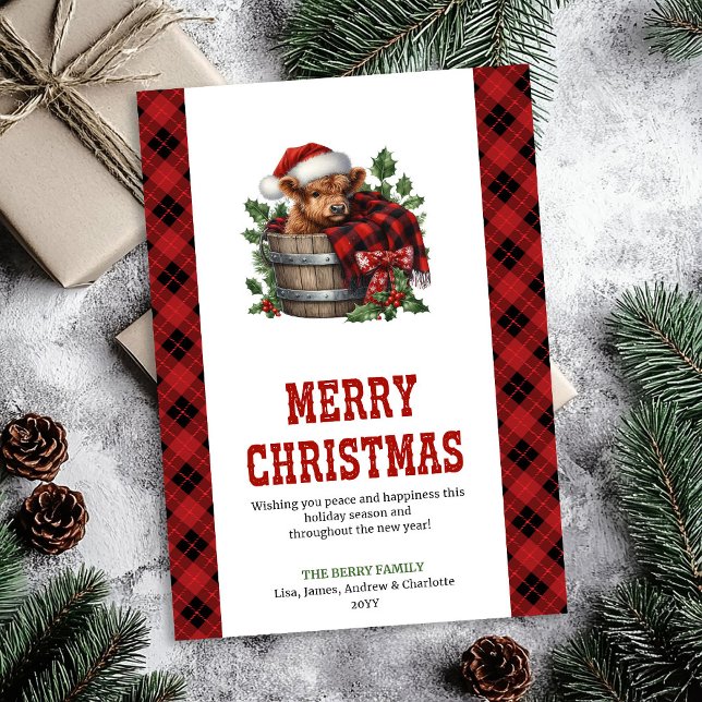 Carte de Noël vintage vache highland rouge vert (Vintage highland cow Christmas card red green

)