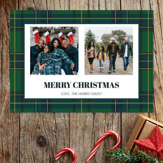 Carte de Noël vintage verte à carreaux avec deux p