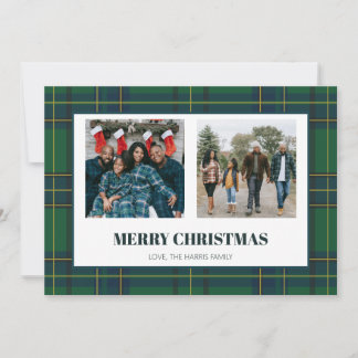 Carte de Noël vintage verte à carreaux avec deux p