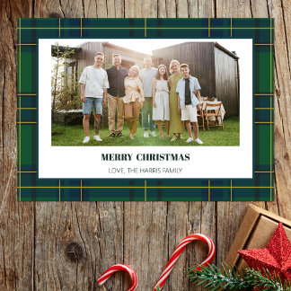 Carte de Noël vintage verte à carreaux avec photo