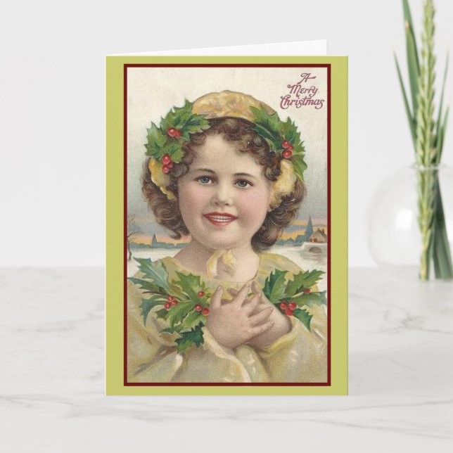 Carte de Noël vintage Victorian Holly Girl (Devant)
