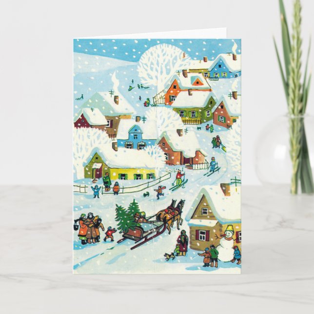 Carte de Noël Vintage | Village de neige mignon (Devant)