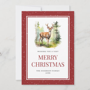 Carte de Noël Watercolor Deer Forest Snowry Joyeux