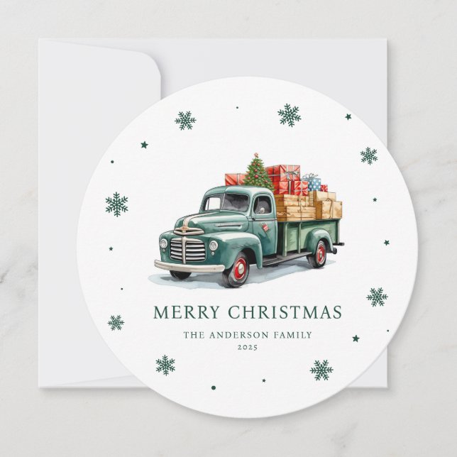 Carte de Noël Watercolor Retro Green Truck Merry (Devant)