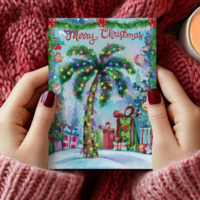 Carte de Noël Watercolor Tropical Palm Tree (Watercolor Palm Tree Christmas Card)