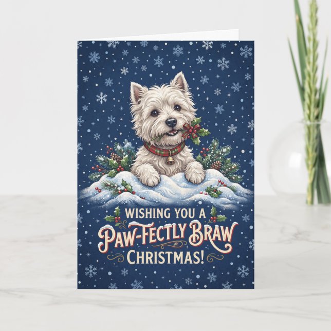 Carte de Noël Westie Pawfectly Braw (Devant)