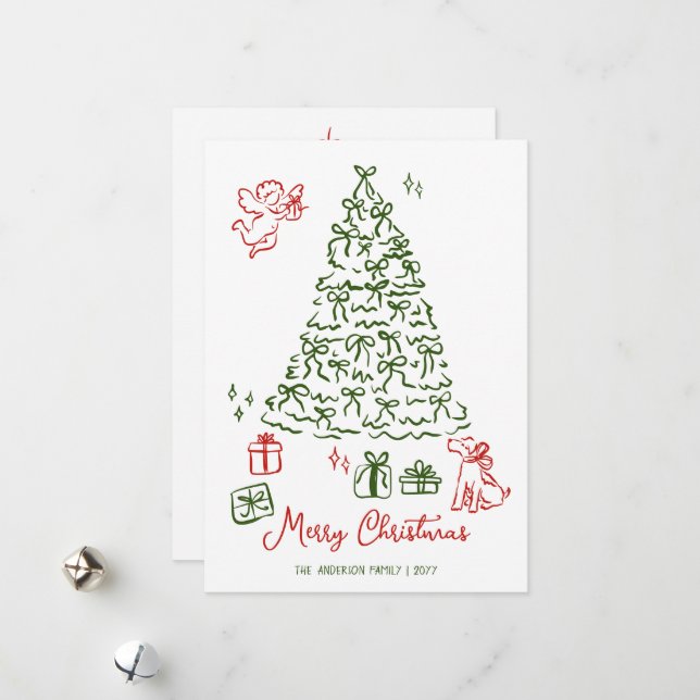 Carte de Noël Whimsical arbre tiré main (Devant/Arrière en situation)