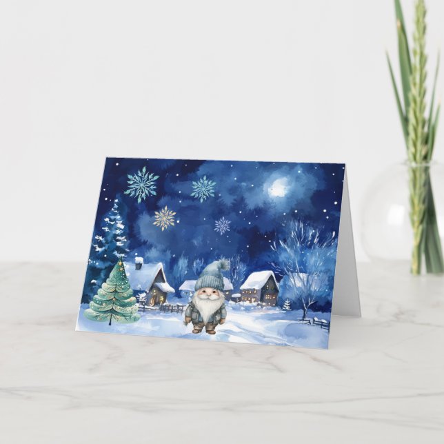 Carte de Noël Whimsical Blue Gnome & Snowflakes (Devant)